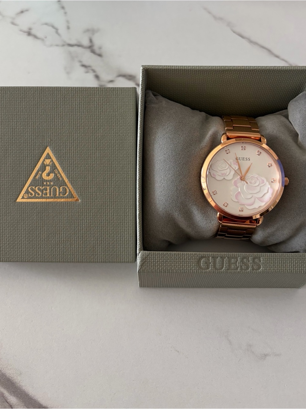 GUESS Rose Gold Watch with Floral Mother-of-Pearl Dial